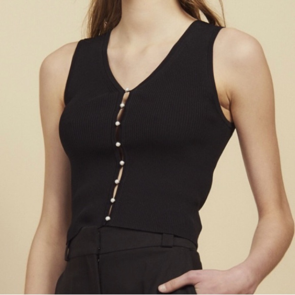Black Sleeveless Top with Pearl Buttons